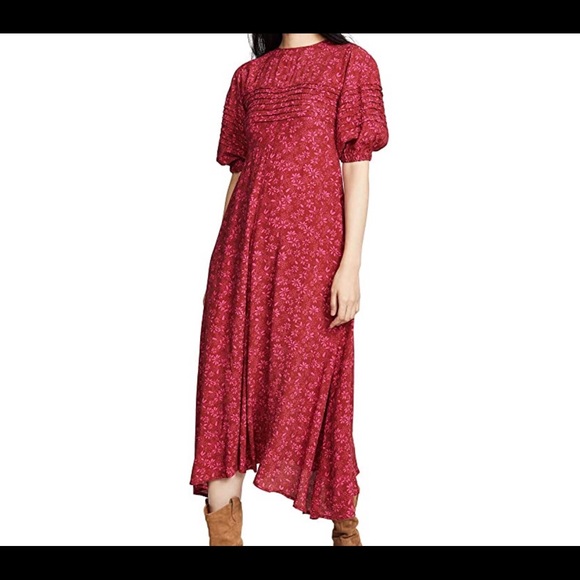 free people jessie midi dress Free People Ditsy Floral Jessie Midi Dress Womens Size 10 Red Boho Half Sleeve